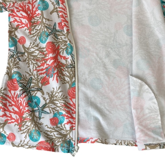 Denim & Co. Beach Coral Print Zip Front Short Sleeve Hoodie - Picture 7 of 10